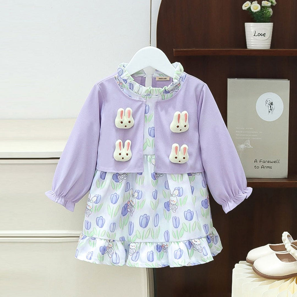 Girls Purple Cartoon Print Shrug Attached Fit & Flare Dress Casual Dresses Purple 1-2 Y 