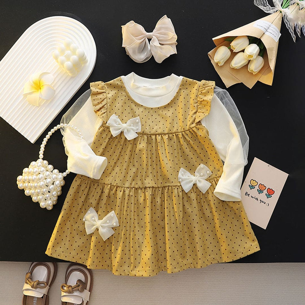 Girls Yellow Polka Dot Print Full Sleeves Fit & Flare Dress Casual Dresses Yellow 1-2 Y 