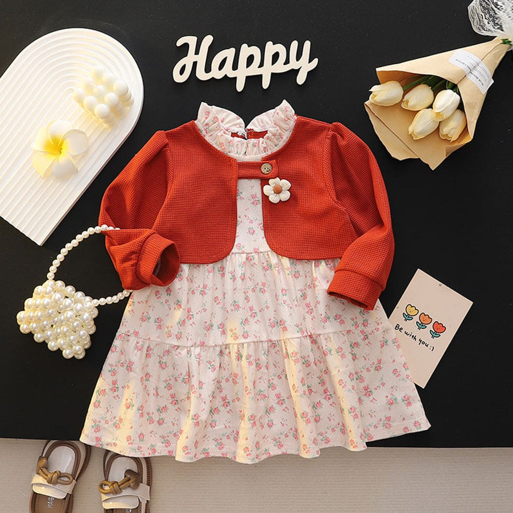 Girls Red Puff Sleeves Attached Jacket with Floral Print Tiered Dress Casual Dresses Red 1-2 Y 