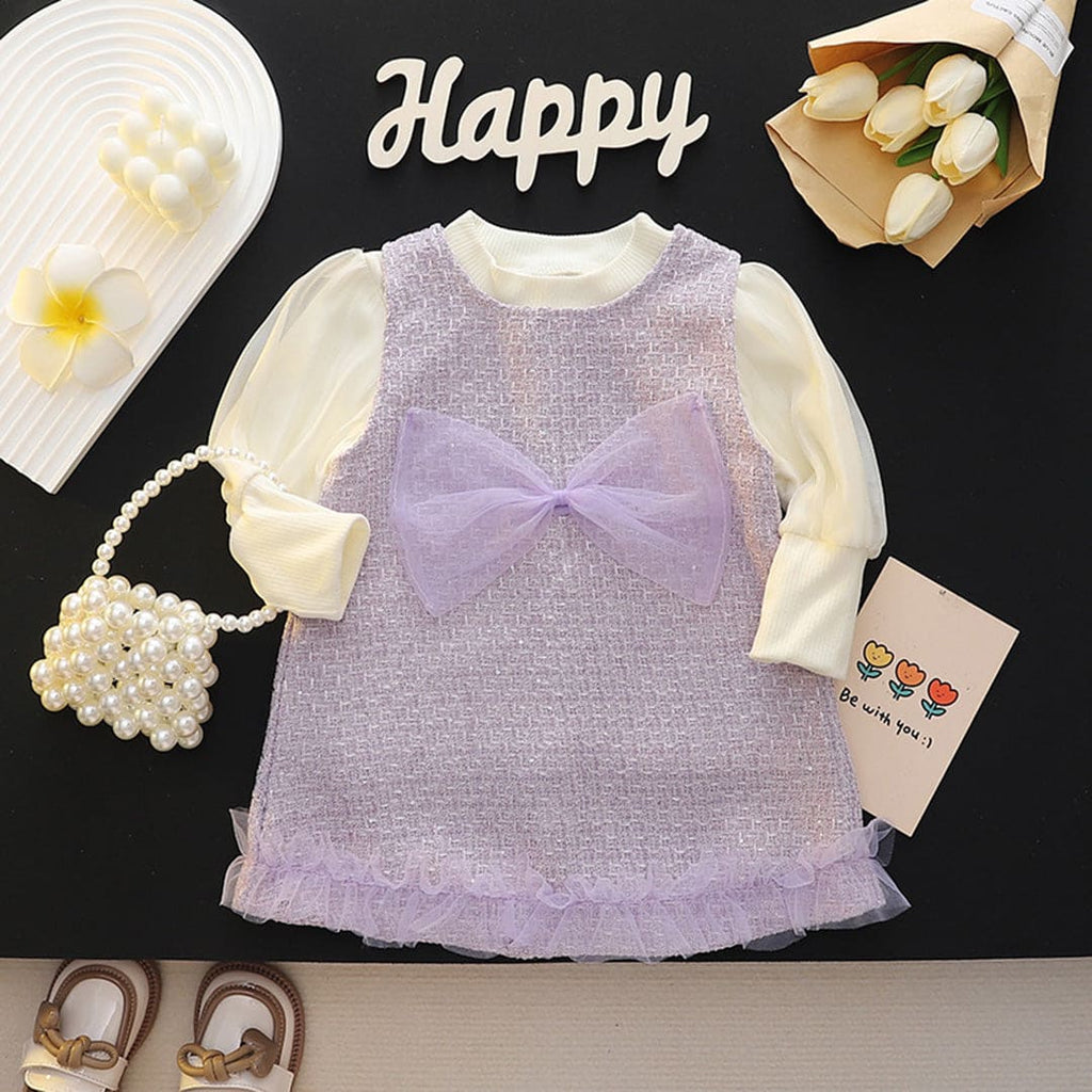 Girls Textured Cuff Sleeves Pinafore Dress Casual Dresses Purple 1-2 Y 