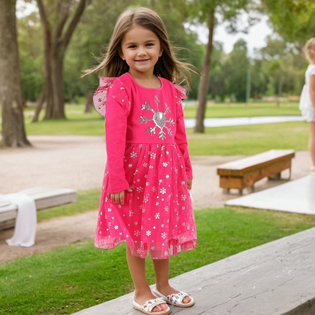 Girls Fuchsia Long Sleeve Sequins Embroidered Fit & Flare Dress Casual Dresses   