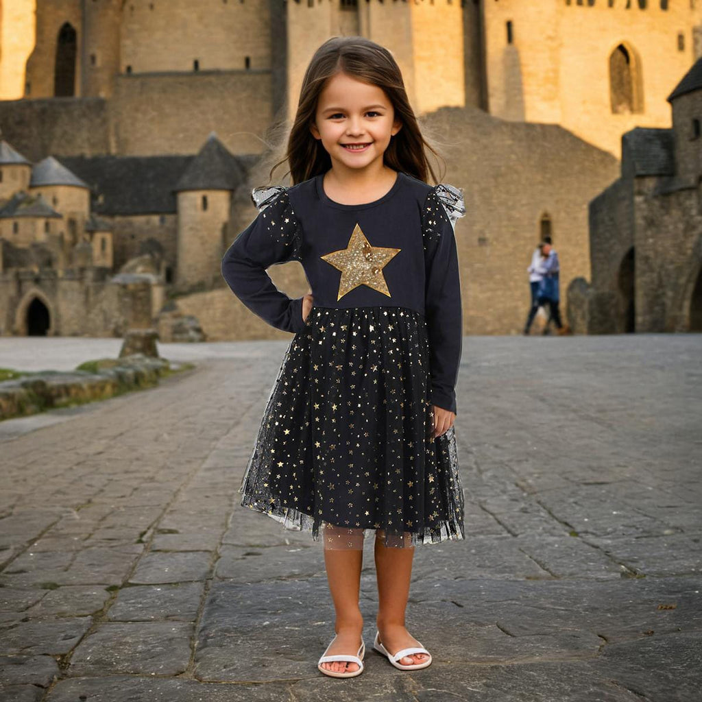 Girls Black Star Sequins And Foil Print Long Sleeve Dress Casual Dresses Black 3-4 Y 