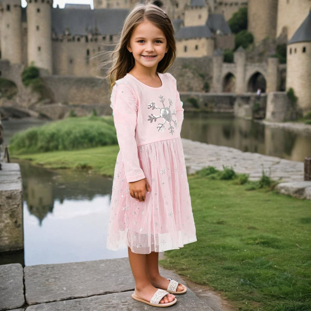 Girls Pink Long Sleeve Sequins Embroidered Fit & Flare Dress Casual Dresses   