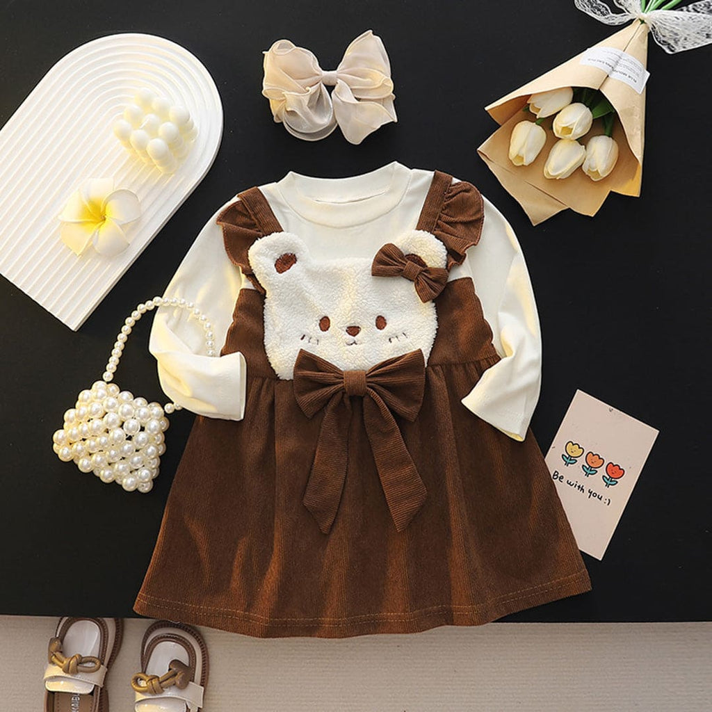 Girls Brown Fit & Flare Dress with Statement Bow Casual Dresses Brown 1-2 Y 