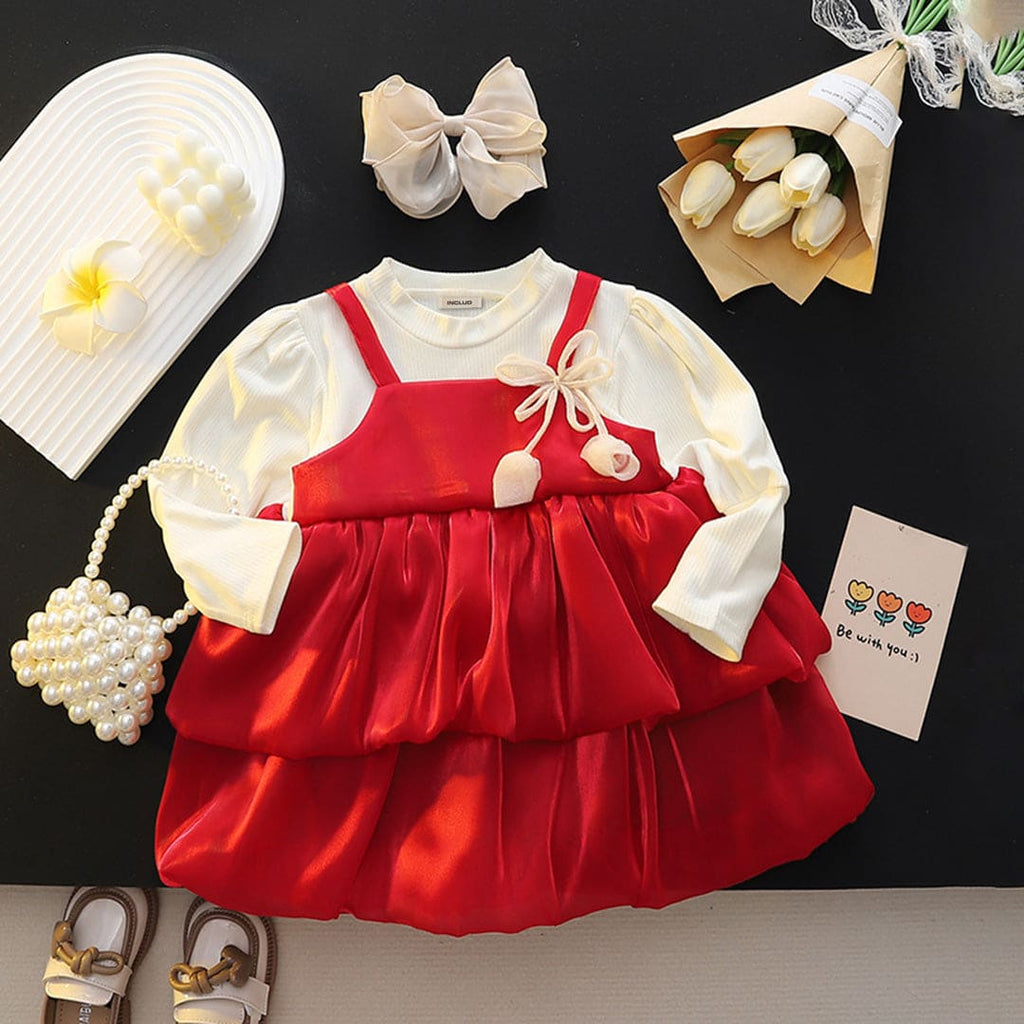 Girls Red Full Sleeves Balloon Party Dress Casual Dresses Red 1-2 Y 