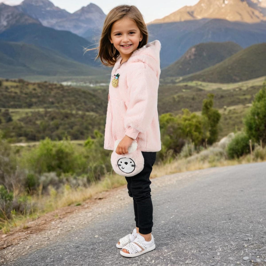 Girls Pink Long Sleeve Quilted Fur Jackets With Bag Coats & Jackets   