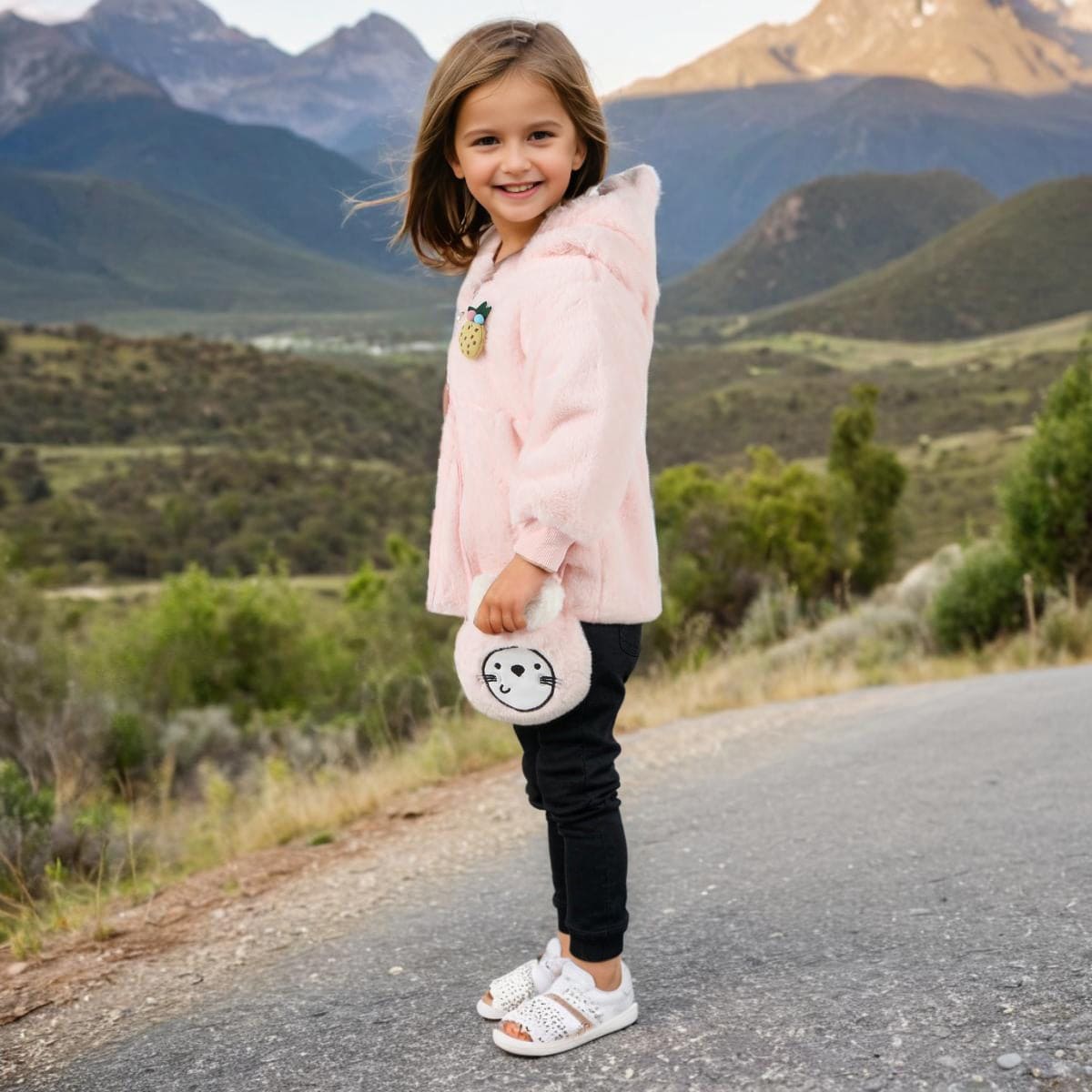 Girls Pink Long Sleeve Quilted Fur Jackets With Bag Coats & Jackets   