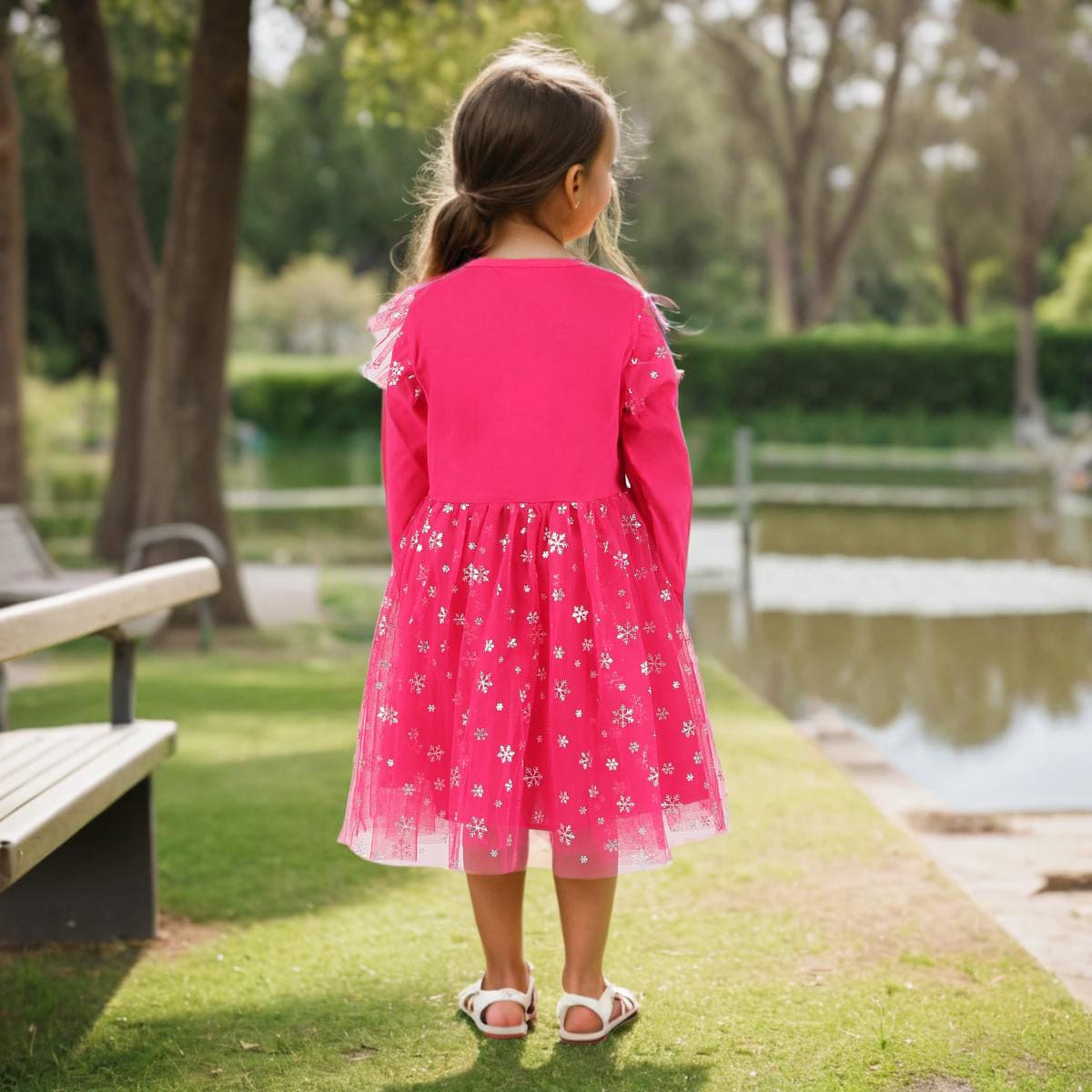 Girls Fuchsia Long Sleeve Sequins Embroidered Fit & Flare Dress Casual Dresses   