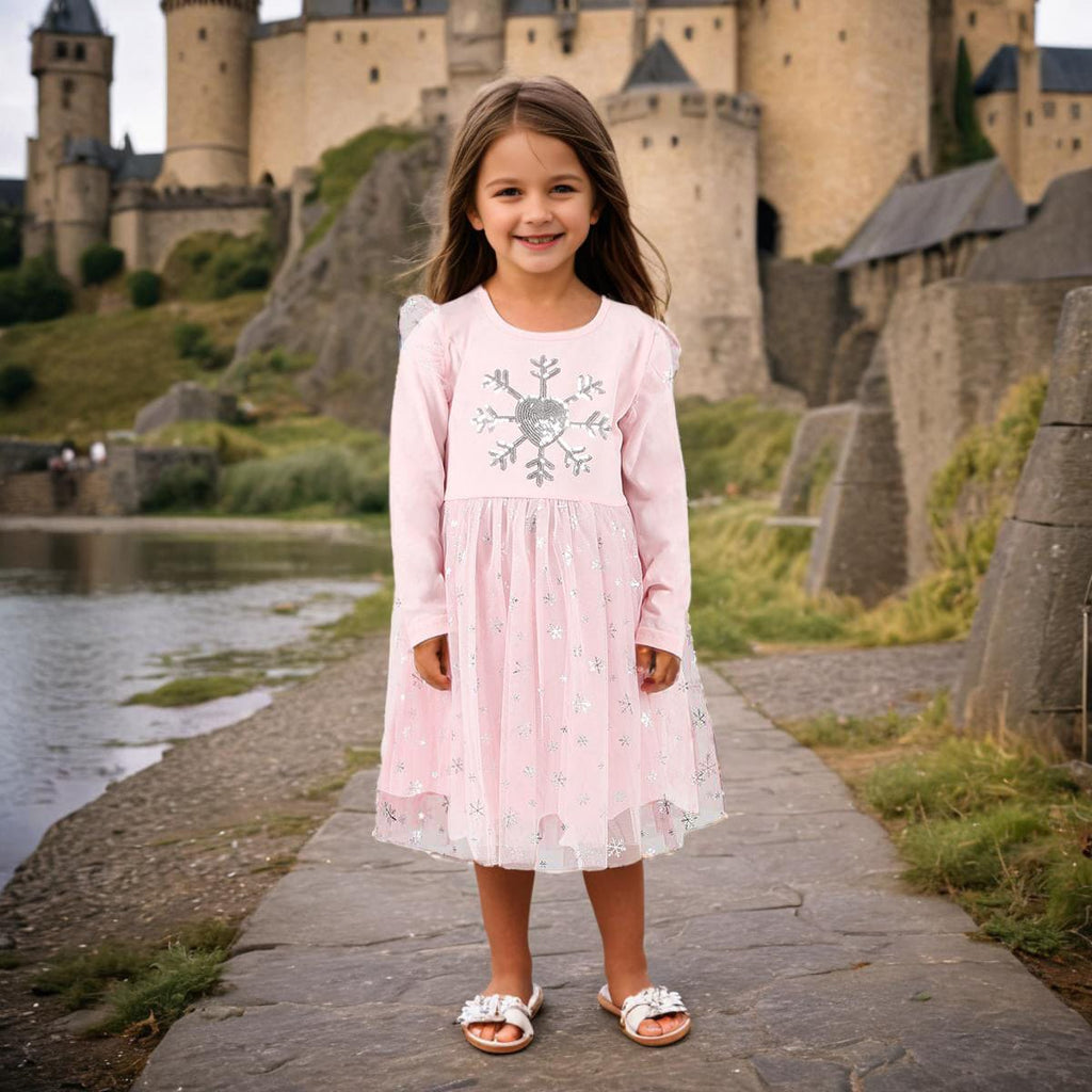 Girls Pink Long Sleeve Sequins Embroidered Fit & Flare Dress Casual Dresses Pink 3-4 Y 