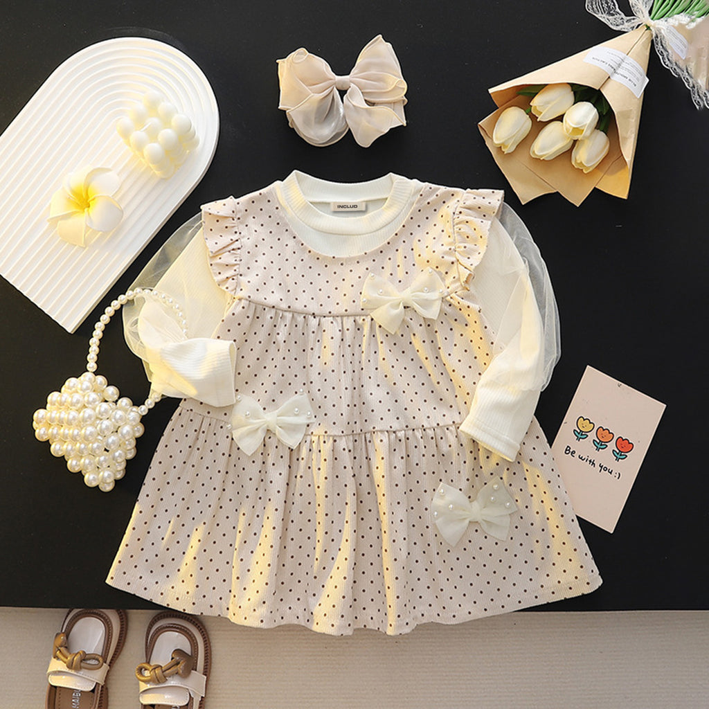 Girls Off White Polka Dot Print Full Sleeves Fit & Flare Dress Casual Dresses Off White 1-2 Y 