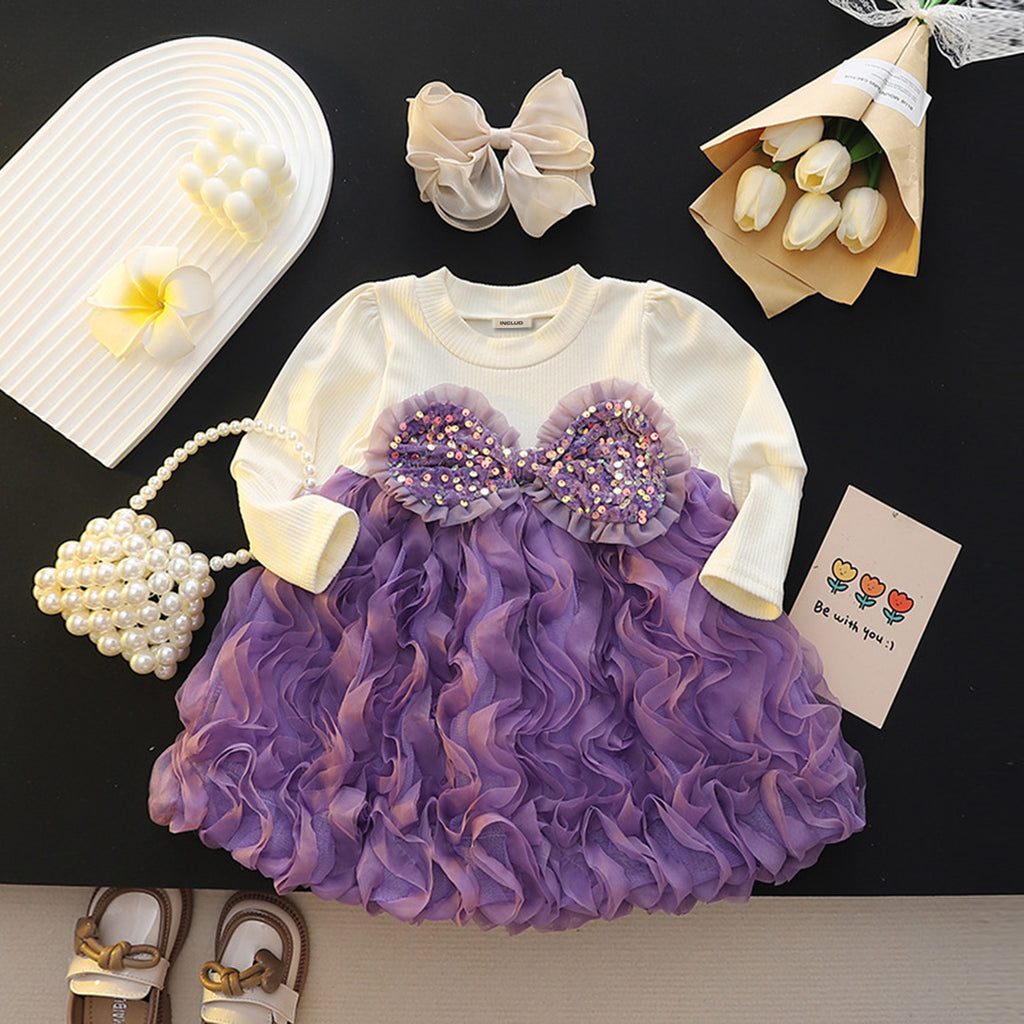 Girls Purple Sequins Bow Full Sleeves Fit & Flare Party Dress Party Dresses Purple 1-2 Y 