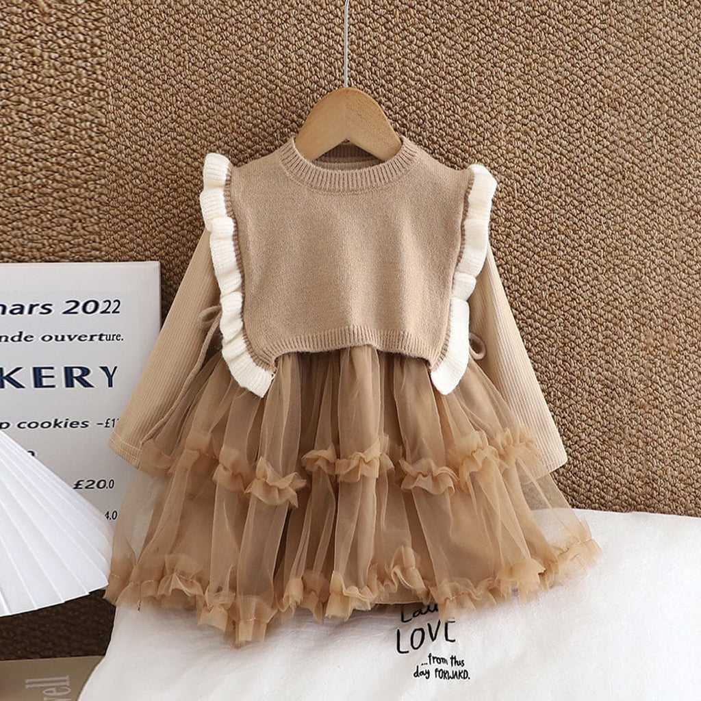 Girls Brown Knitted Tulle Overlay Dress Casual Dresses Brown 1-2 Y 