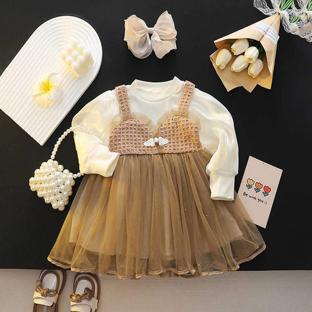 Girls Brown Textured Cuffed Sleeves Tulle Party Dress Party Dresses Brown 1-2 Y 