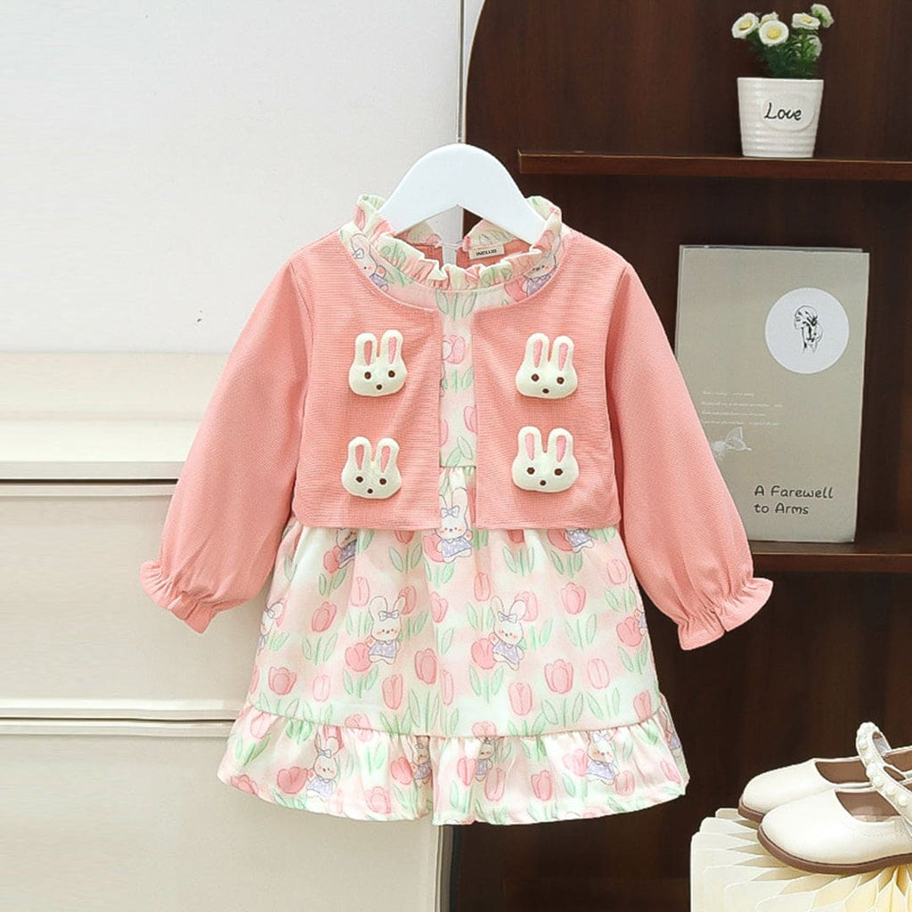 Girls Pink Cartoon Print Shrug Attached Fit & Flare Dress Casual Dresses Pink 1-2 Y 