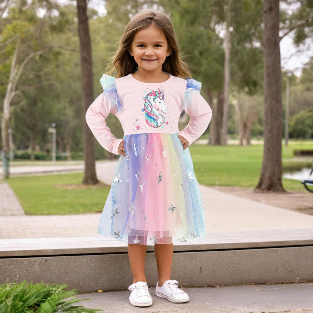 Girls Pink Long Sleeve Unicorn Print Fit & Flare Dress Casual Dresses Pink 3-4 Y 