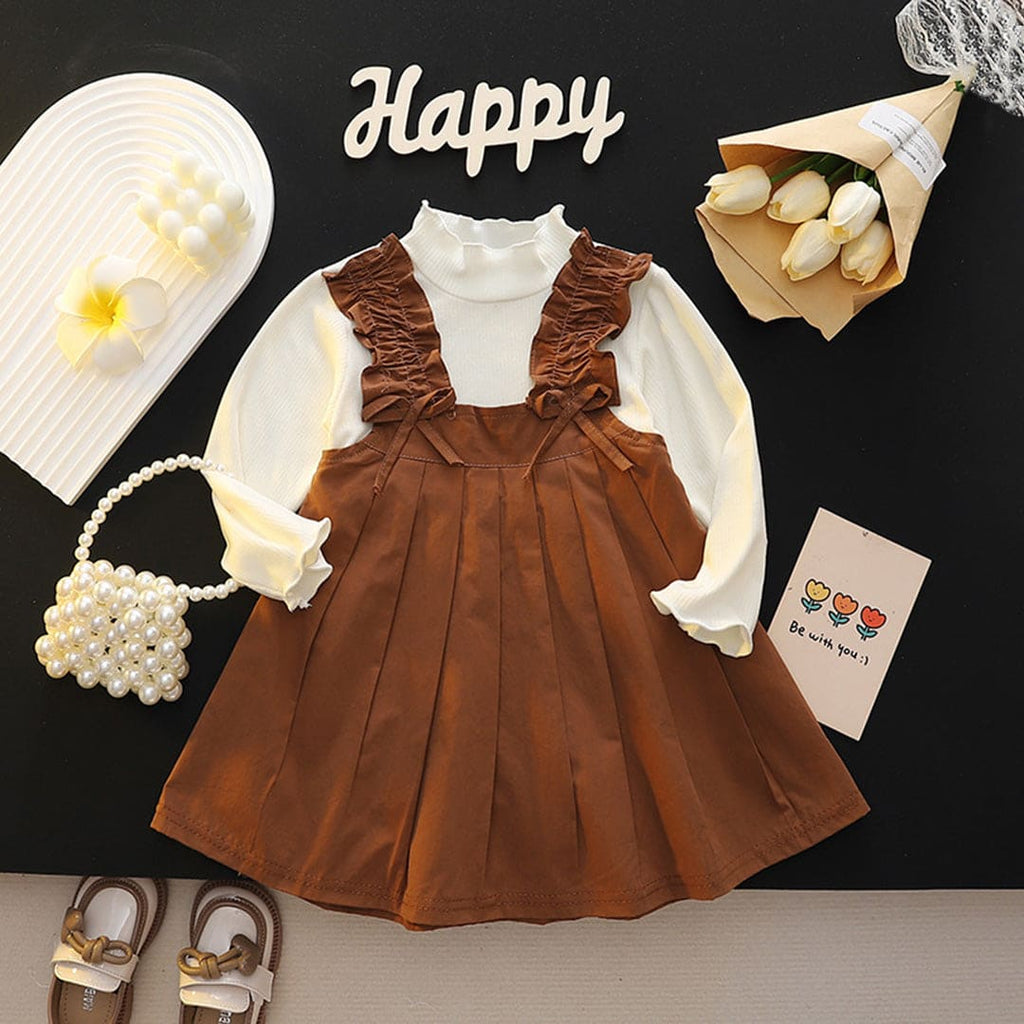 Girls Full Sleeves Pleated Fit & Flare Dress Casual Dresses Brown 1-2 Y 