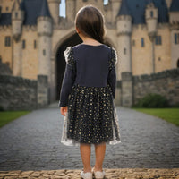 Girls Black Star Sequins And Foil Print Long Sleeve Dress Casual Dresses   