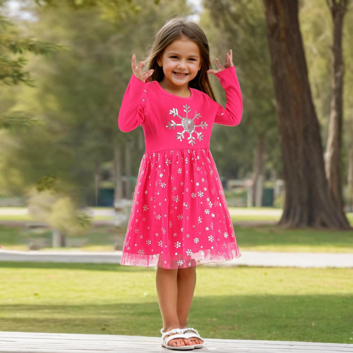 Girls Fuchsia Long Sleeve Sequins Embroidered Fit & Flare Dress Casual Dresses   