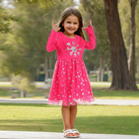 Girls Fuchsia Long Sleeve Sequins Embroidered Fit & Flare Dress Casual Dresses   