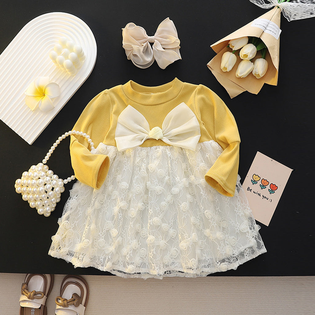 Girls Yellow Bow Applique Full Sleeves Winterwear Dress Casual Dresses Yellow 1-2 Y 