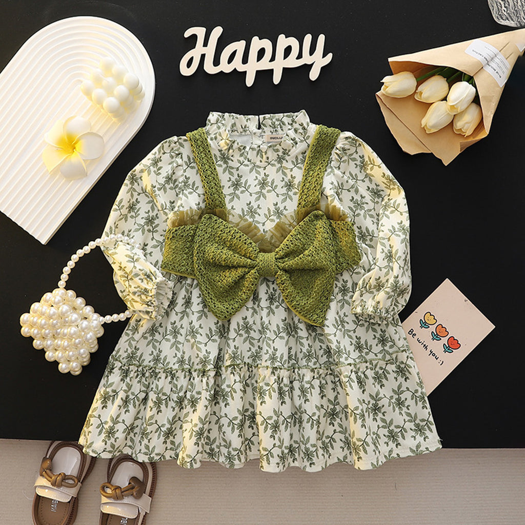 Girls Green Floral Print Full Sleeves Bow Statement Dress Casual Dresses Green 1-2 Y 