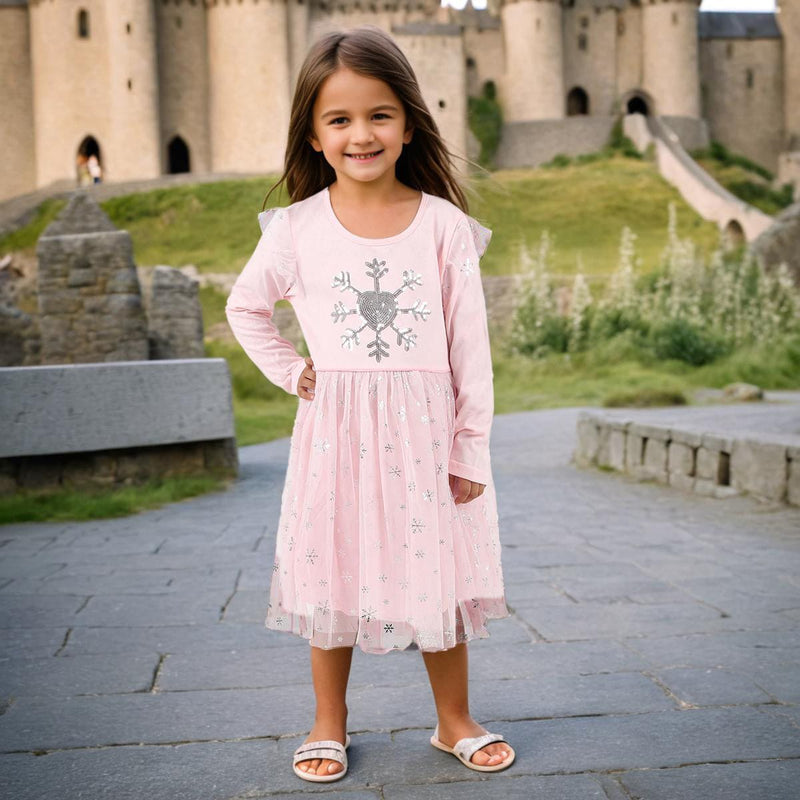 Girls Pink Long Sleeve Sequins Embroidered Fit & Flare Dress Casual Dresses   