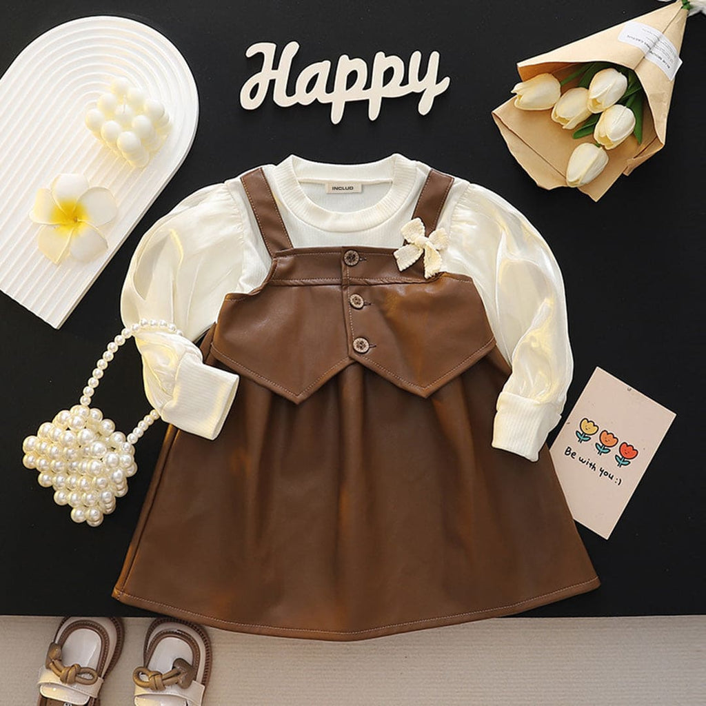 Girls Faux Leather Puff Sleeves A-line Dress Casual Dresses Brown 1-2 Y 