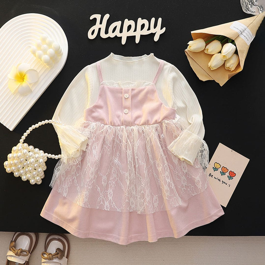 Girls Pink Lace Suspender Styles Full Sleeves Casual Dress Casual Dresses Pink 1-2 Y 