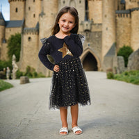 Girls Black Star Sequins And Foil Print Long Sleeve Dress Casual Dresses   