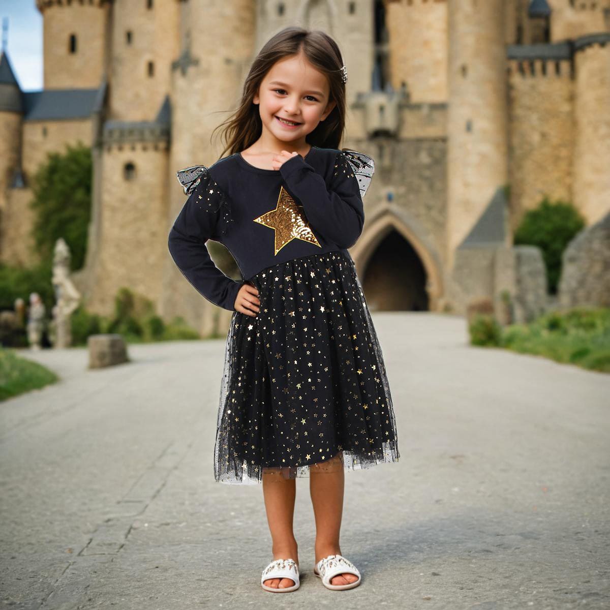Girls Black Star Sequins And Foil Print Long Sleeve Dress Casual Dresses   