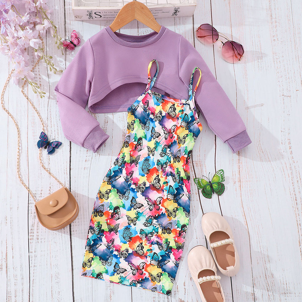 Girls Purple Butterfly Printed Dress With Long Sleeve Top Casual Dresses Purple 4-5 Y 