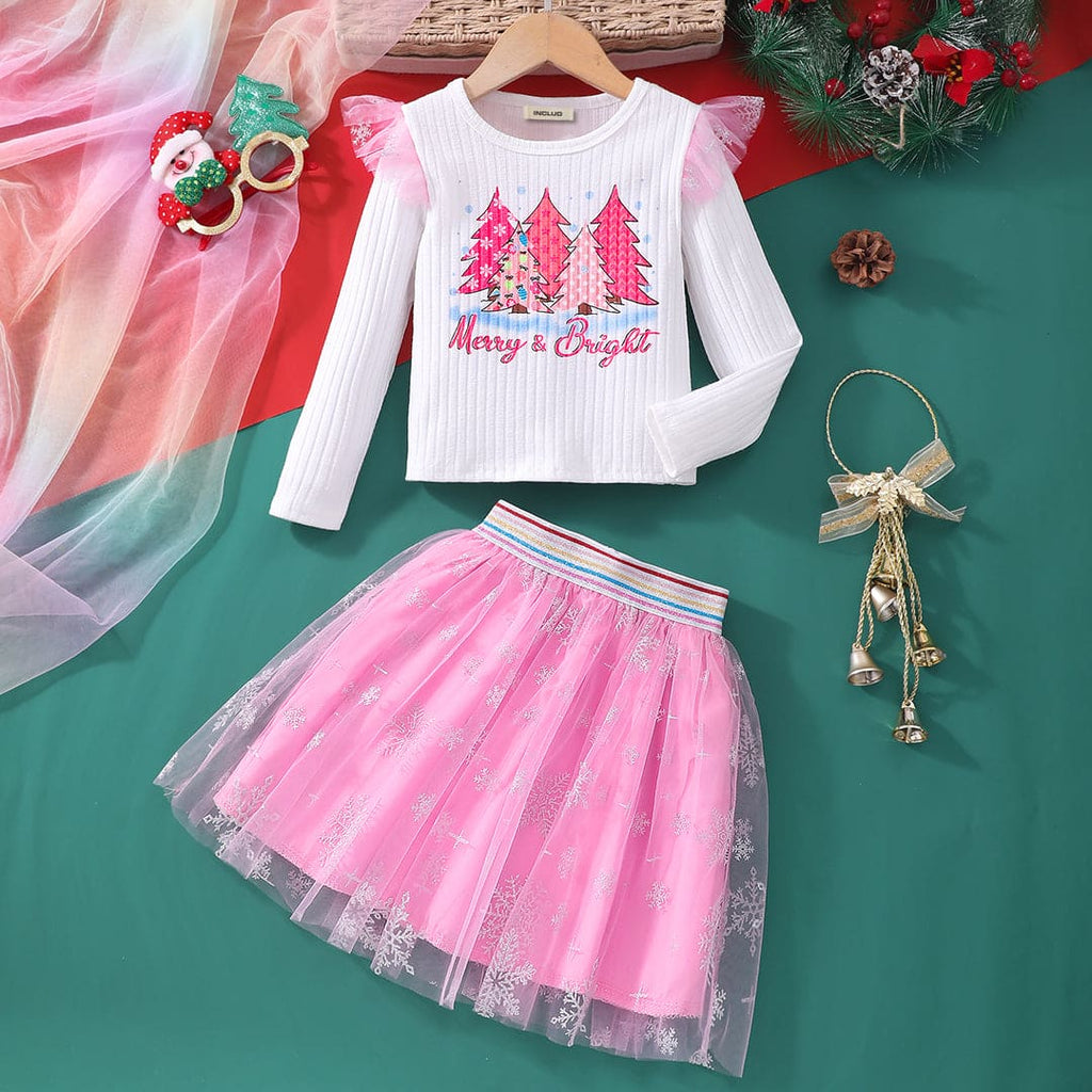 Girls Pink Merry Christmas Top With Skirt Set Sets Pink 3-4 Y 