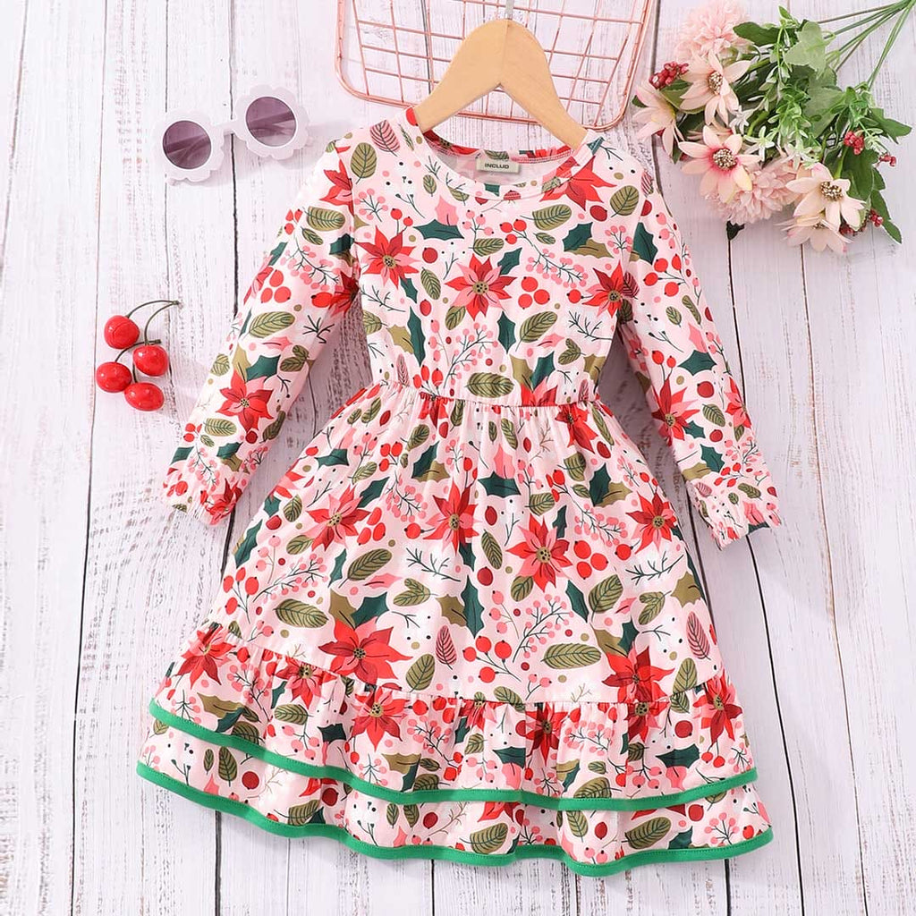 Girls Long Sleeve Floral Printed Fit & Flare Dress Casual Dresses Red 3-4 Y 