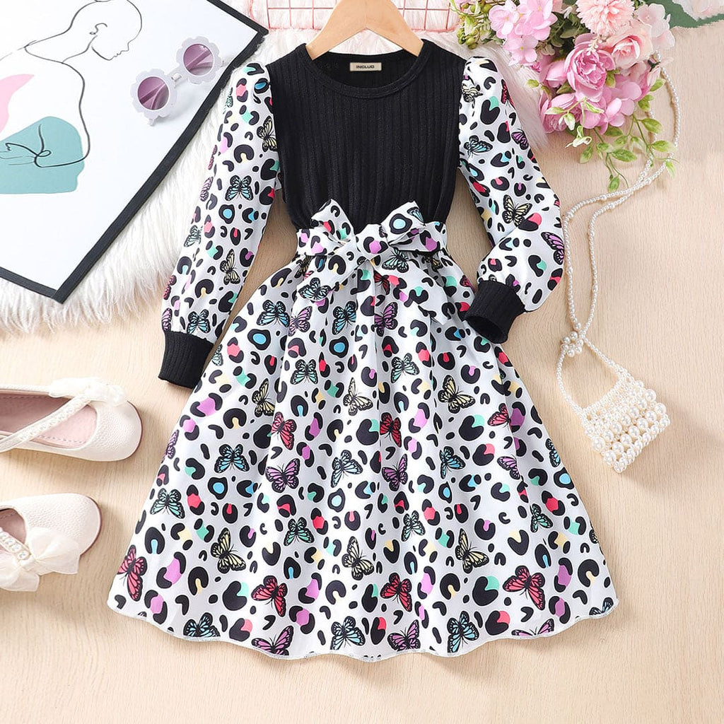 Girls Black Butterfly Printed Fit & Flare Dress Casual Dresses Black 3-4 Y 