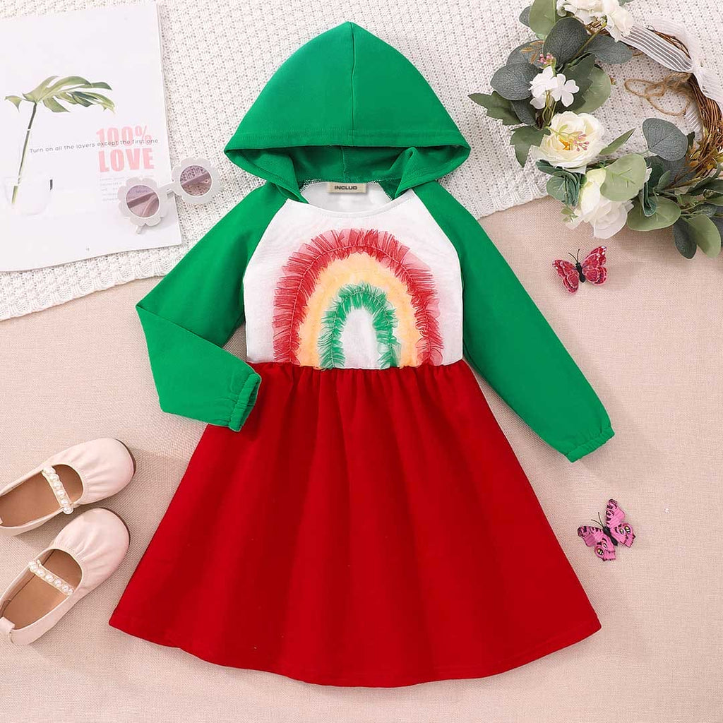 Girls Green Hooded Long Sleeve Fit & Flare Dress Casual Dresses Green 3-4 Y 