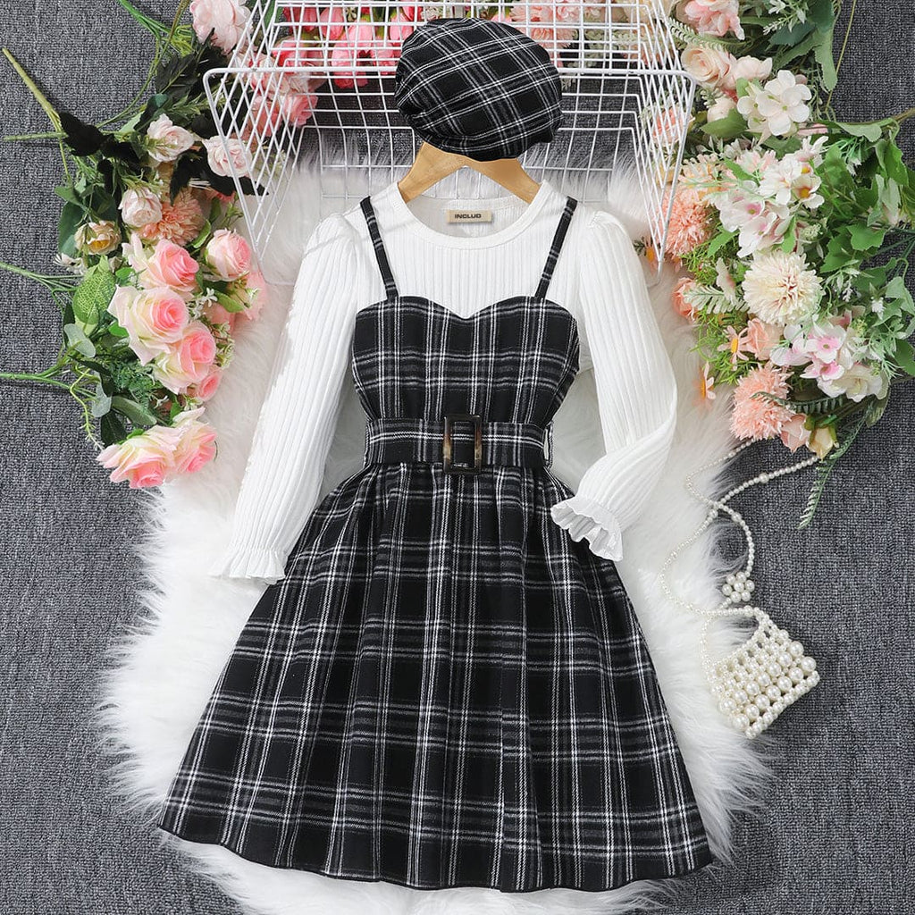 Girls Black Checked Long Sleeve Fit & Flare Dress Casual Dresses Black 3-4 Y 