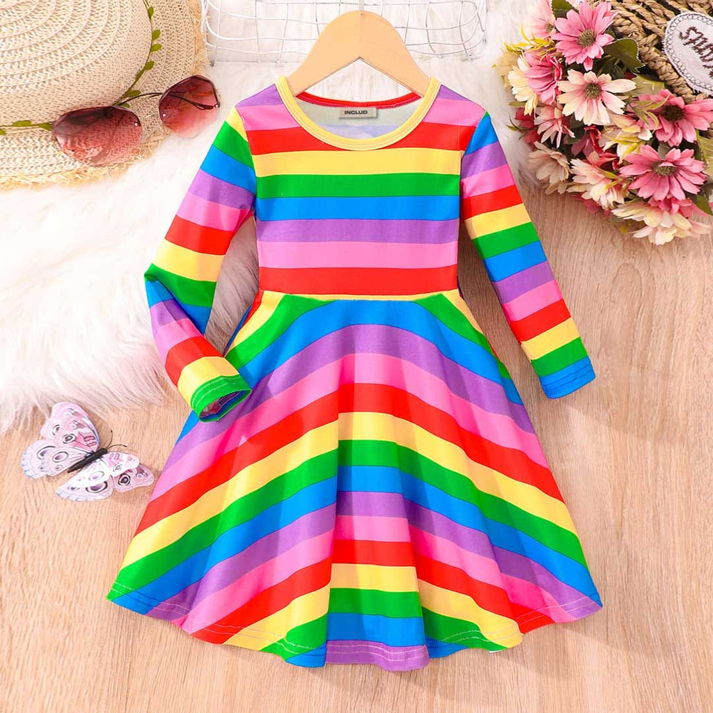 Girls Multicolor Striped Fit & Flare Dress Casual Dresses Multicolor 3-4 Y 