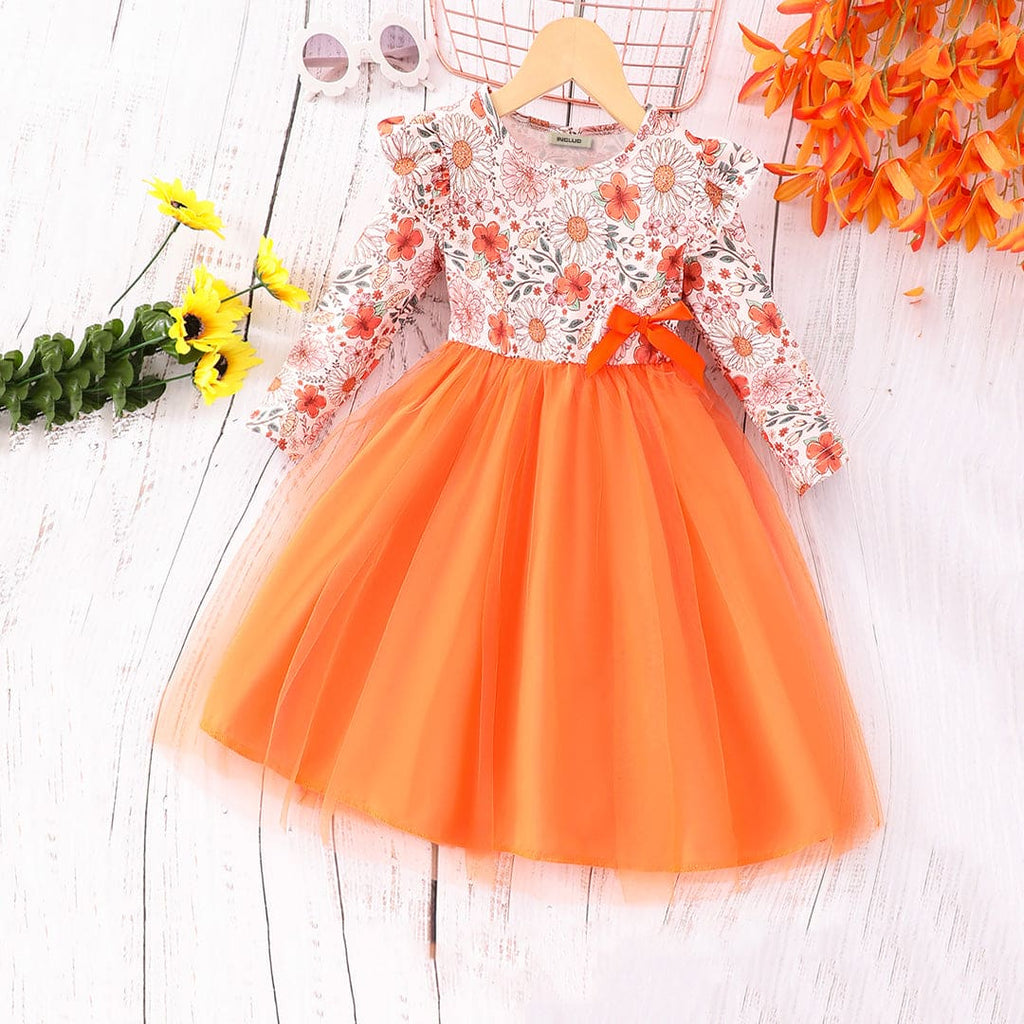 Girls Orange Floral Printed Fit & Flare Dress Casual Dresses Orange 3-4 Y 