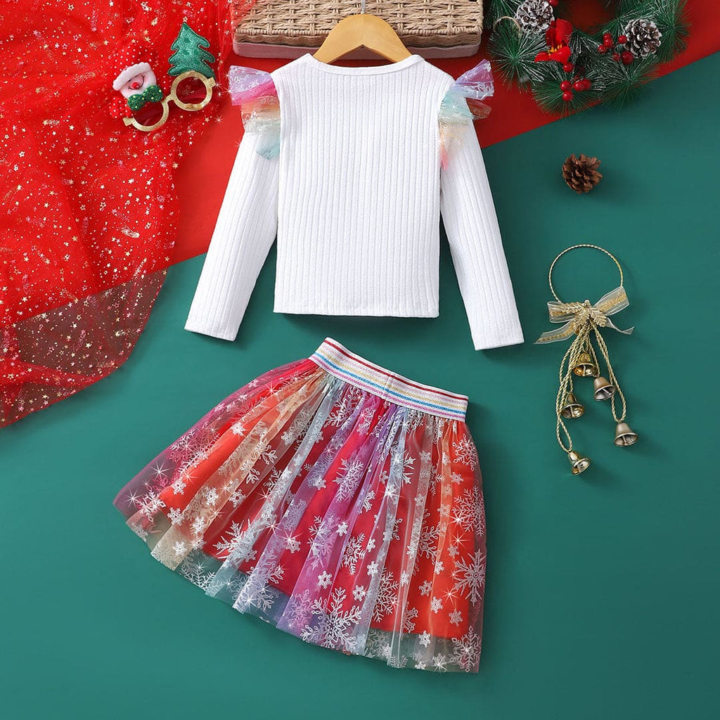 Girls Red Merry Christmas Top With Skirt Set Sets   