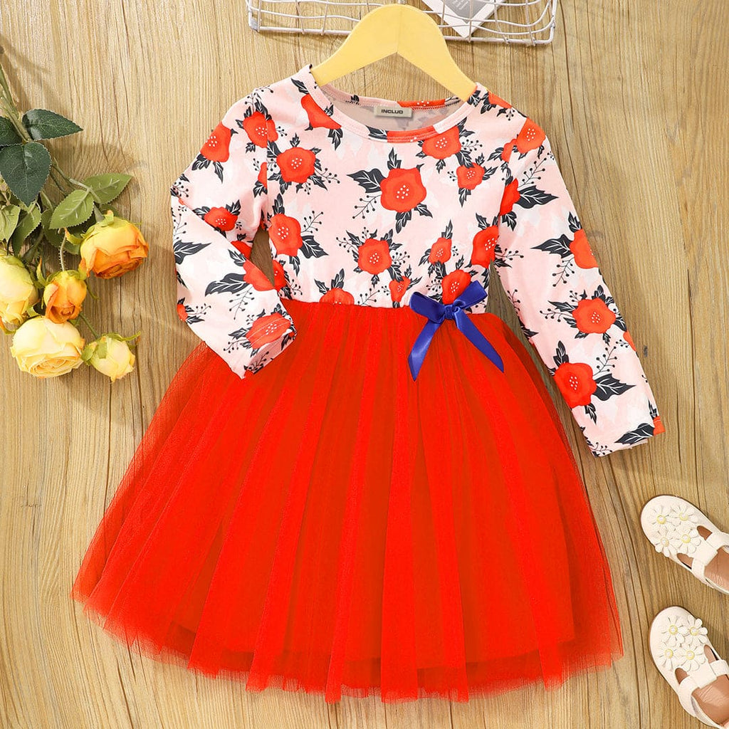 Girls Red Flower Printed Long Sleeve Fit & Flare Dress Casual Dresses Red 3-4 Y 