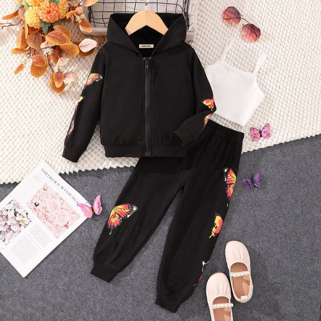 Girls Black Butterfly Print Sweatshirt With Camisole Top And Pants Set Sets Black 3-4 Y 