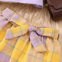 Girls Purple Long Sleeve T-Shirt With Checked Skirt Set Sets   