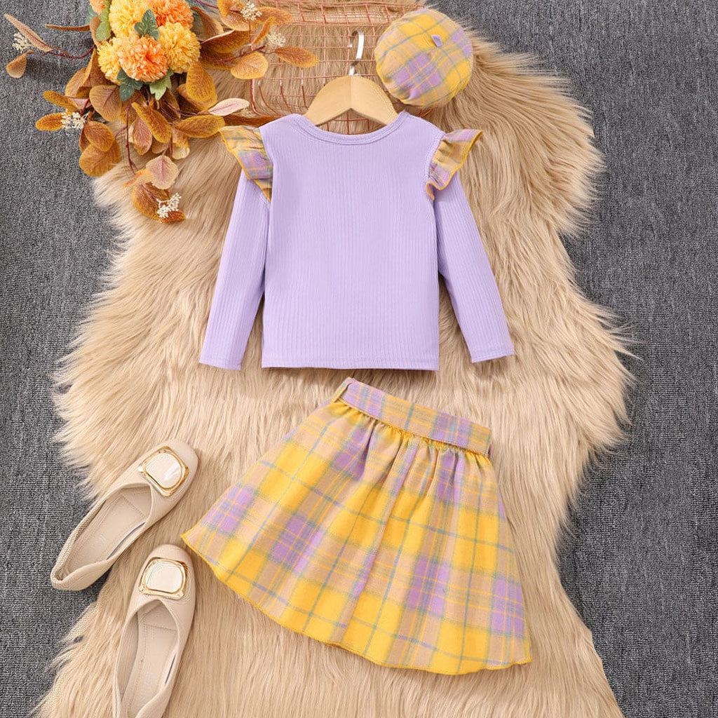 Girls Purple Long Sleeve T-Shirt With Checked Skirt Set Sets   