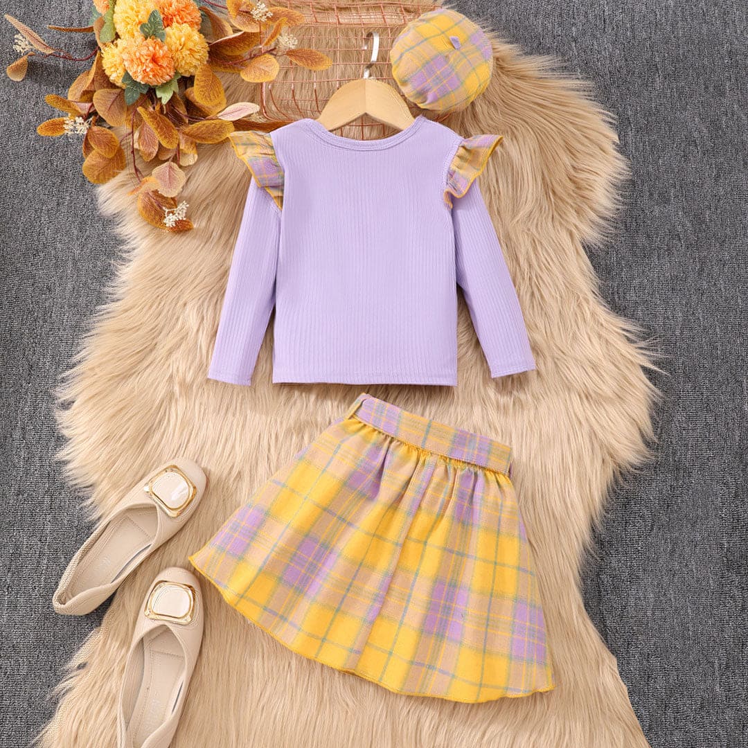 Girls Purple Long Sleeve T-Shirt With Checked Skirt Set Sets   