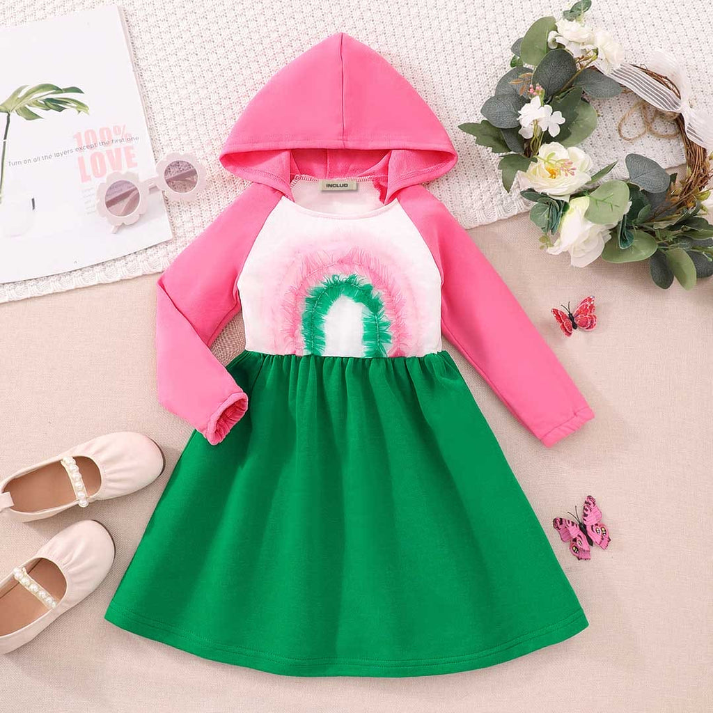 Girls Pink Hooded Long Sleeve Fit & Flare Dress Casual Dresses Pink 3-4 Y 