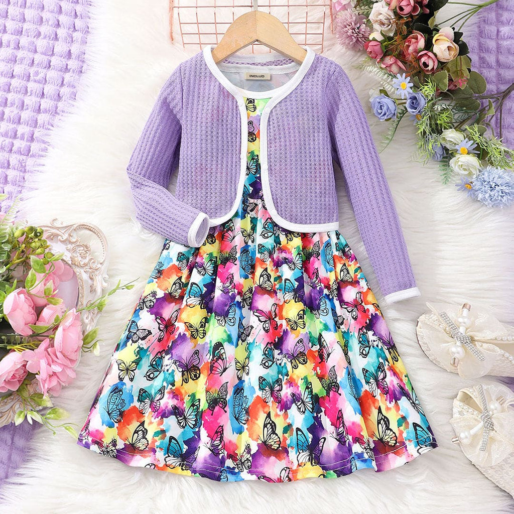 Girls Butterfly Print Dress With Long Sleeve Jacket Casual Dresses Purple 3-4 Y 