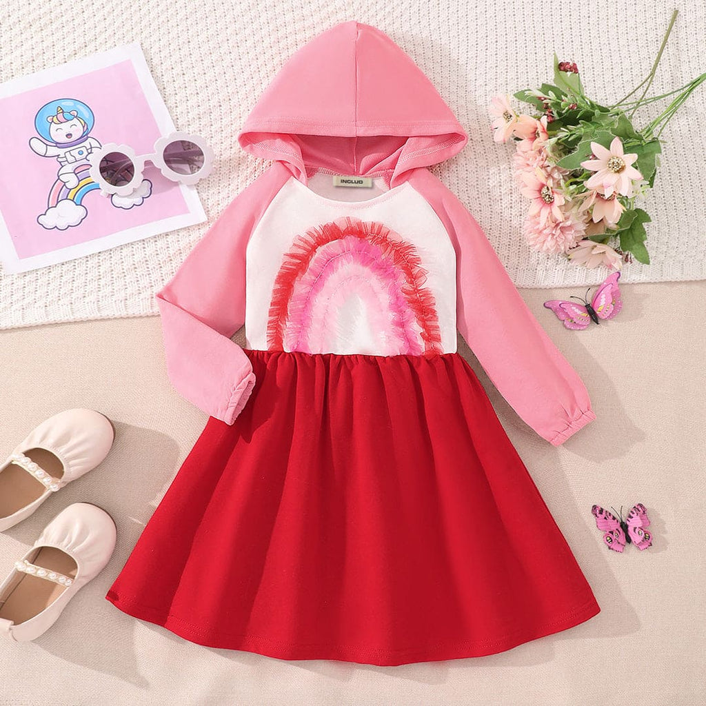 Girls Red Hooded Long Sleeve Fit & Flare Dress Casual Dresses Red 3-4 Y 