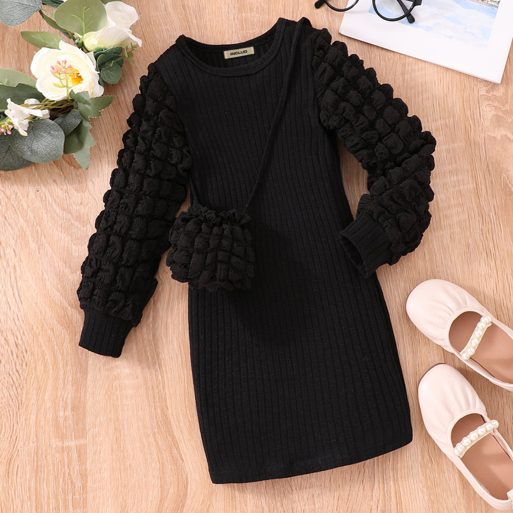 Girls Black Puff Sleeve Slim Dress