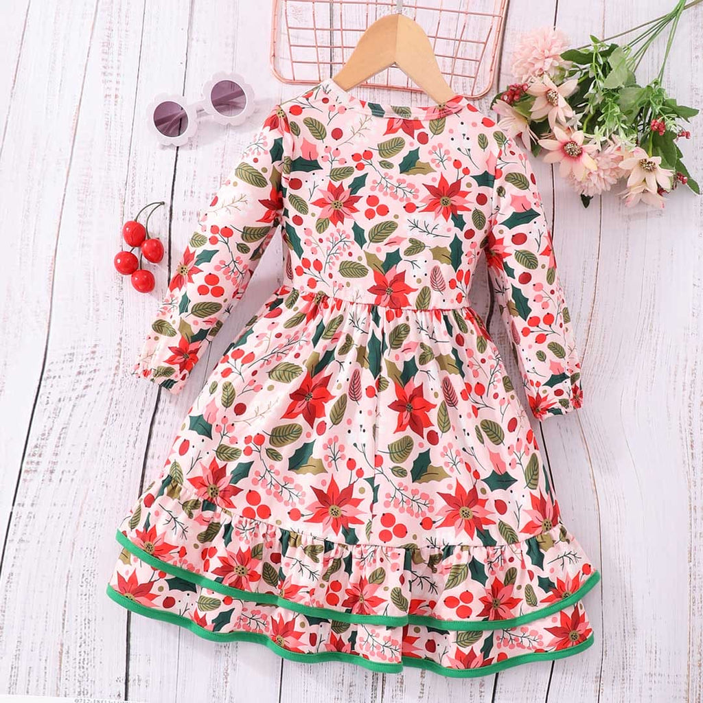 Girls Long Sleeve Floral Printed Fit & Flare Dress Casual Dresses   