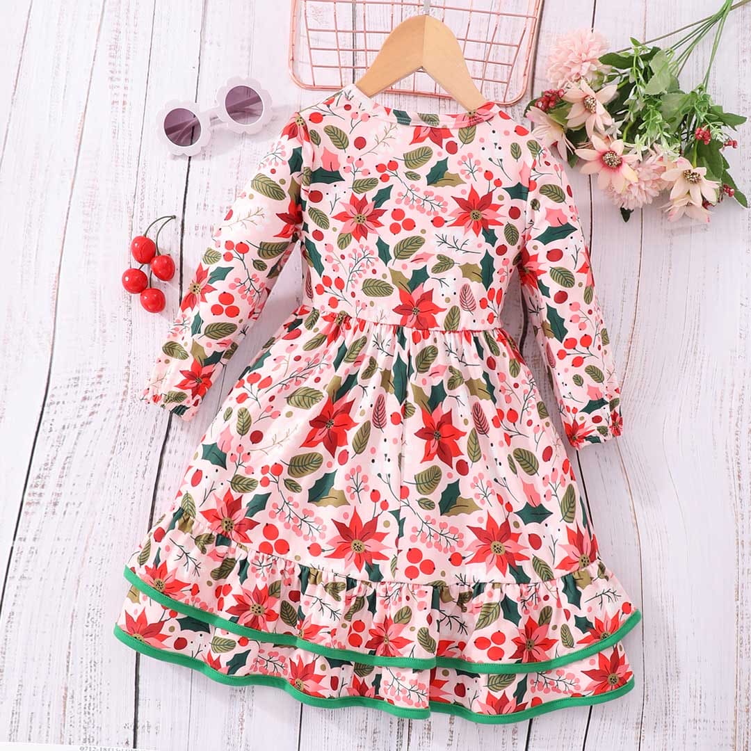 Girls Long Sleeve Floral Printed Fit & Flare Dress Casual Dresses   
